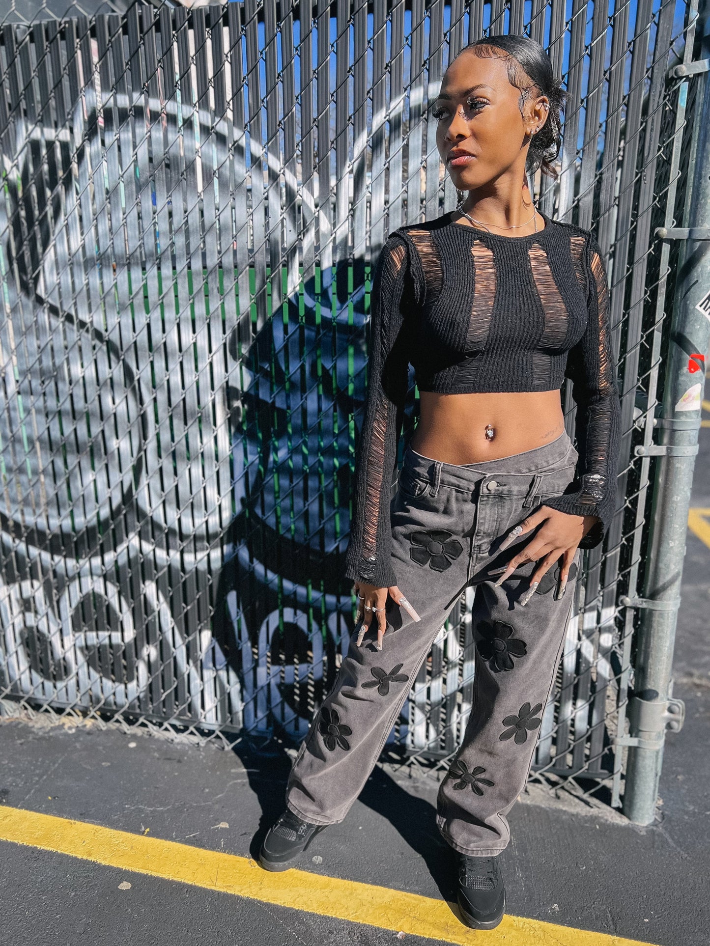 Black Floral Lyfestyle Denim Jeans