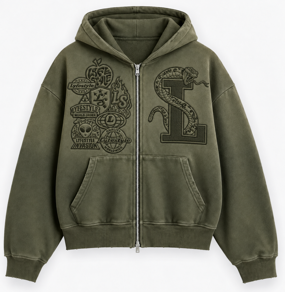 Garment Dyed Tonal "La Serpiente" Zip-Up Hoodies
